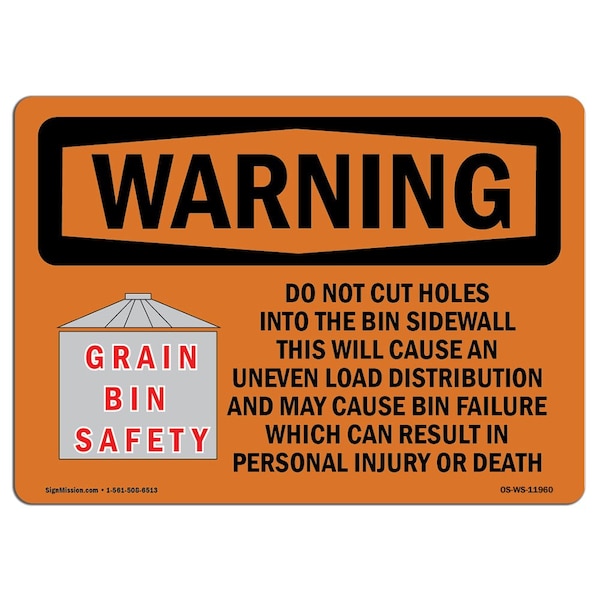 Safety Sign, OSHA WARNING, 7" Height, Aluminum, Grain Bin Silo Safety, Landscape, L-11960